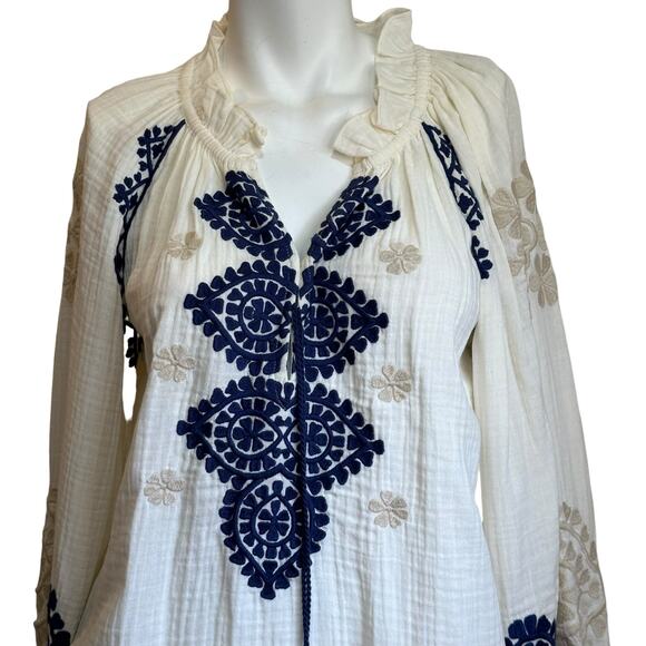 Figue Cream Blue Embroidered Boho Peasant Top with Tassels sz S NWOT $428 - Picture 4 of 10